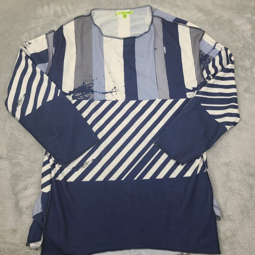 Trisha Tyler Abstract Blue White Art to Wear Casual Boho‎ Blouse Petite Medium
